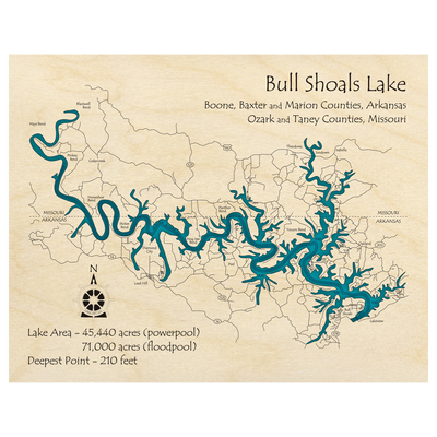 Bathymetric topo map of Bull Shoals Lake (AR, MO) with roads, towns and depths noted in blue water.