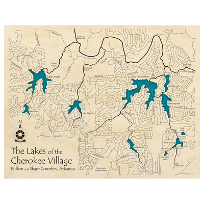 Bathymetric topo map of The Lakes of The Cherokee Village, AR with roads, towns and depths noted in blue water.