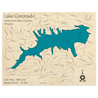 Bathymetric topo map of Lake Coronado, AR with roads, towns and depths noted in blue water.