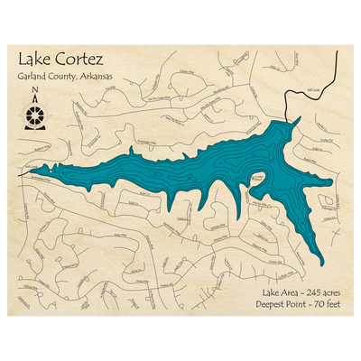 Bathymetric topo map of Lake Cortez, AR with roads, towns and depths noted in blue water.