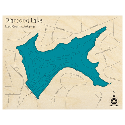 Bathymetric topo map of Diamond Lake, AR with roads, towns and depths noted in blue water.