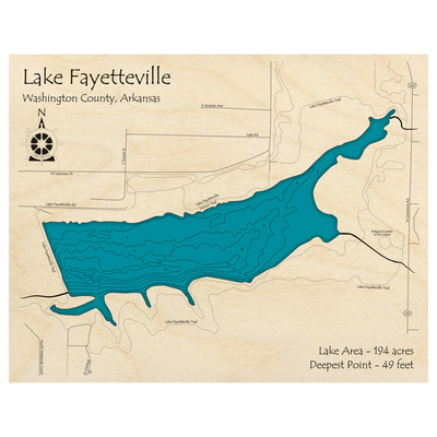 Bathymetric topo map of Lake Fayetteville, AR with roads, towns and depths noted in blue water.