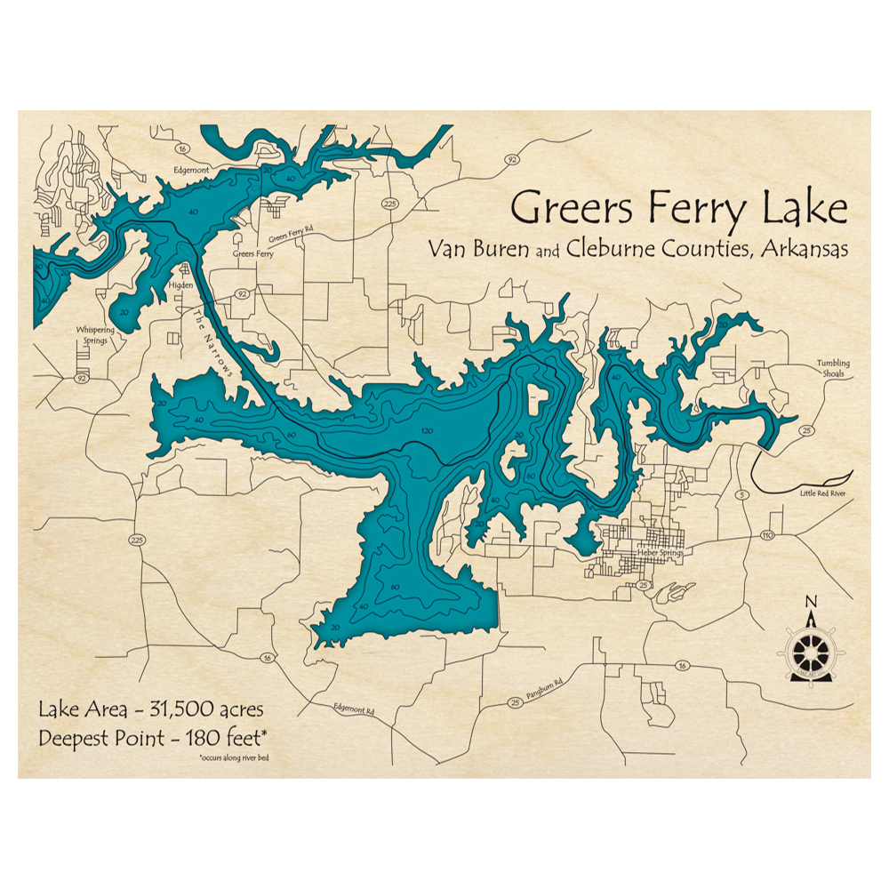 Bathymetric topo map of Greers Ferry Lake, AR with roads, towns and depths noted in blue water.