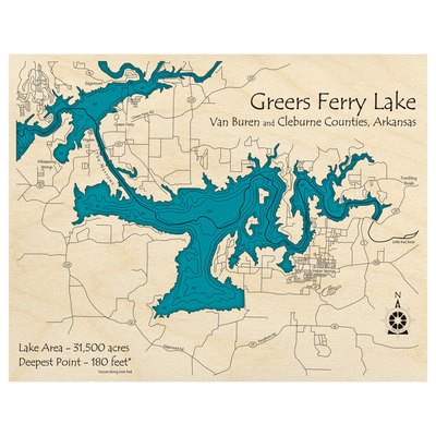 Bathymetric topo map of Greers Ferry Lake, AR with roads, towns and depths noted in blue water.