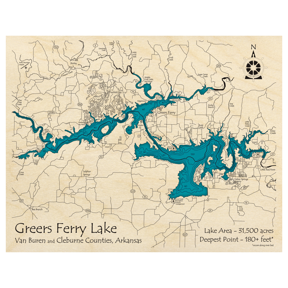 Bathymetric topo map of Greers Ferry Lake, AR with roads, towns and depths noted in blue water.