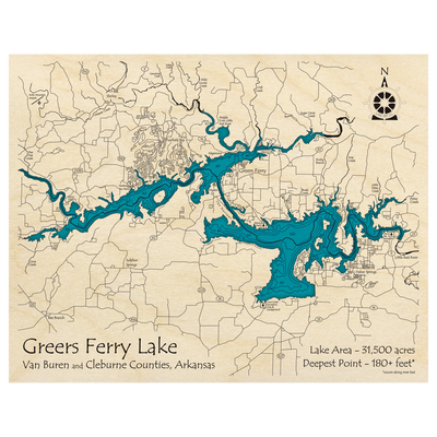 Bathymetric topo map of Greers Ferry Lake, AR with roads, towns and depths noted in blue water.