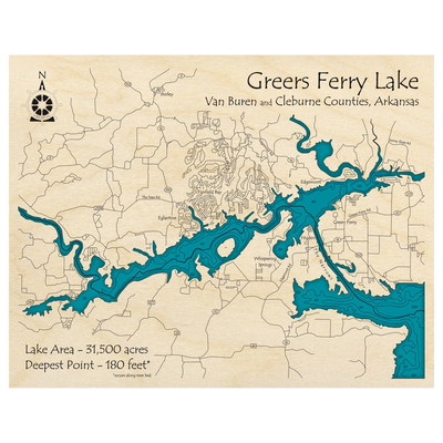 Bathymetric topo map of Greers Ferry Lake, AR with roads, towns and depths noted in blue water.