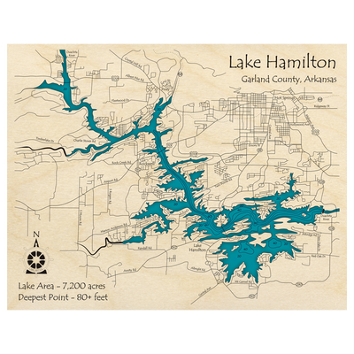 Bathymetric topo map of Lake Hamilton, AR with roads, towns and depths noted in blue water.