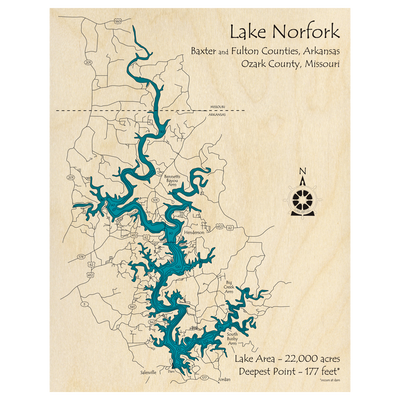 Bathymetric topo map of Lake Norfork (AR, MO) with roads, towns and depths noted in blue water.