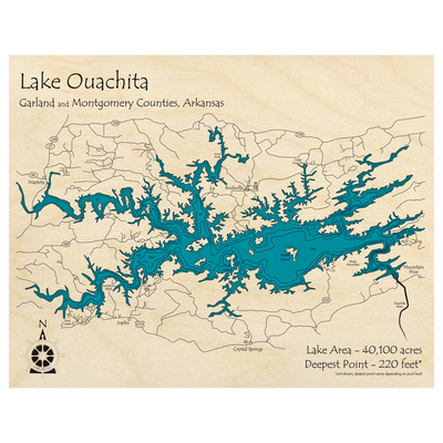 Bathymetric topo map of Lake Ouachita, AR with roads, towns and depths noted in blue water.