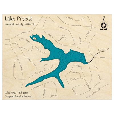 Bathymetric topo map of Lake Pineda, AR with roads, towns and depths noted in blue water.