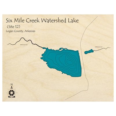 Bathymetric topo map of Six Mile Creek Watershed Lake, AR with roads, towns and depths noted in blue water.