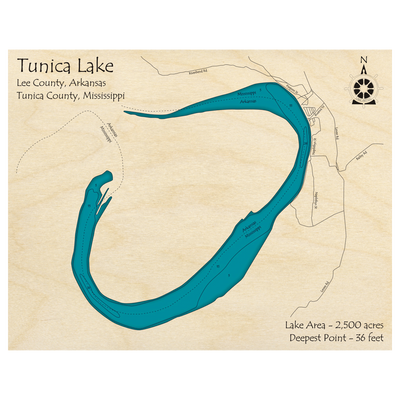 Bathymetric topo map of Tunica Lake (AR, MS) with roads, towns and depths noted in blue water.