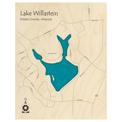 Bathymetric topo map of Lake Willastein, AR with roads, towns and depths noted in blue water.