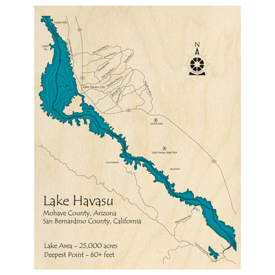 Bathymetric topo map of Lake Havasu (AZ, CA) with roads, towns and depths noted in blue water.