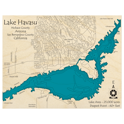 Bathymetric topo map of Lake Havasu, AZ with roads, towns and depths noted in blue water.