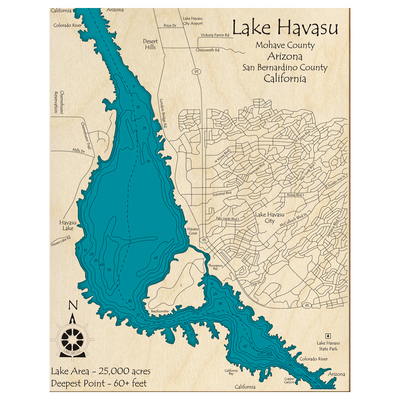 Bathymetric topo map of Lake Havasu (AZ, CA) with roads, towns and depths noted in blue water.