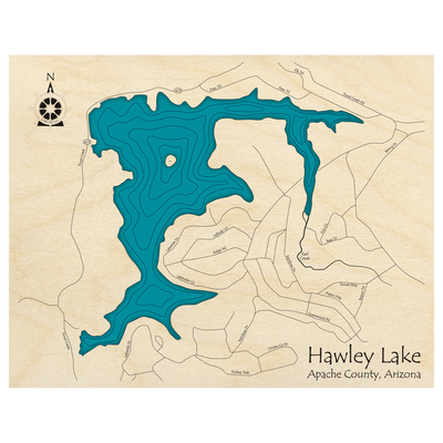 Bathymetric topo map of Hawley Lake, AZ with roads, towns and depths noted in blue water.