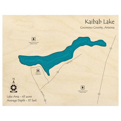 Bathymetric topo map of Kaibab Lake, AZ with roads, towns and depths noted in blue water.
