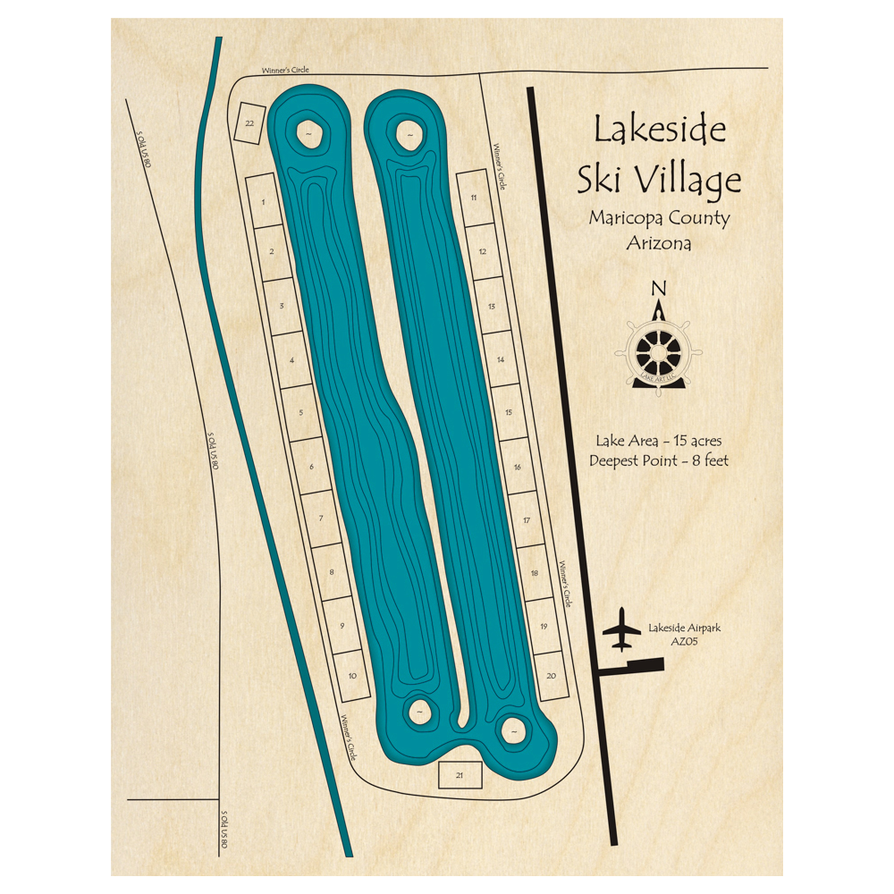 Bathymetric topo map of Lakeside Ski Village, AZ with roads, towns and depths noted in blue water.
