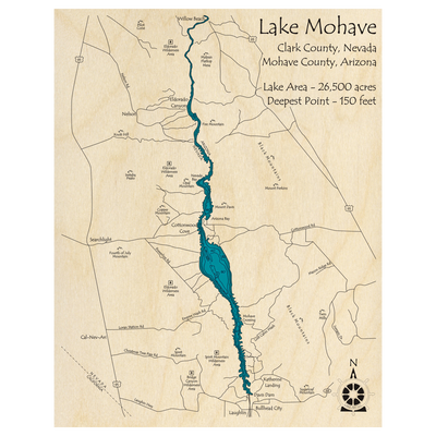 Bathymetric topo map of Lake Mohave (AZ, NV) with roads, towns and depths noted in blue water.