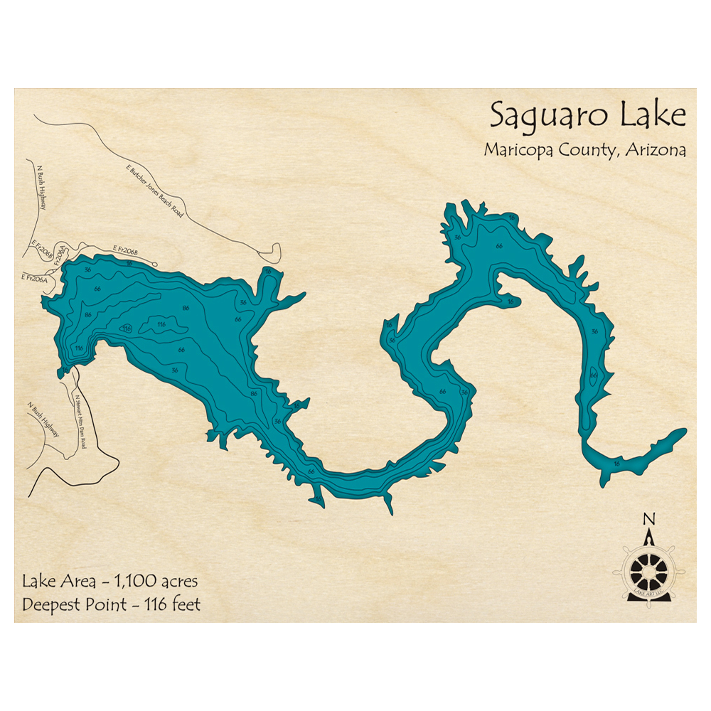 Bathymetric topo map of Saguaro Lake, AZ with roads, towns and depths noted in blue water.