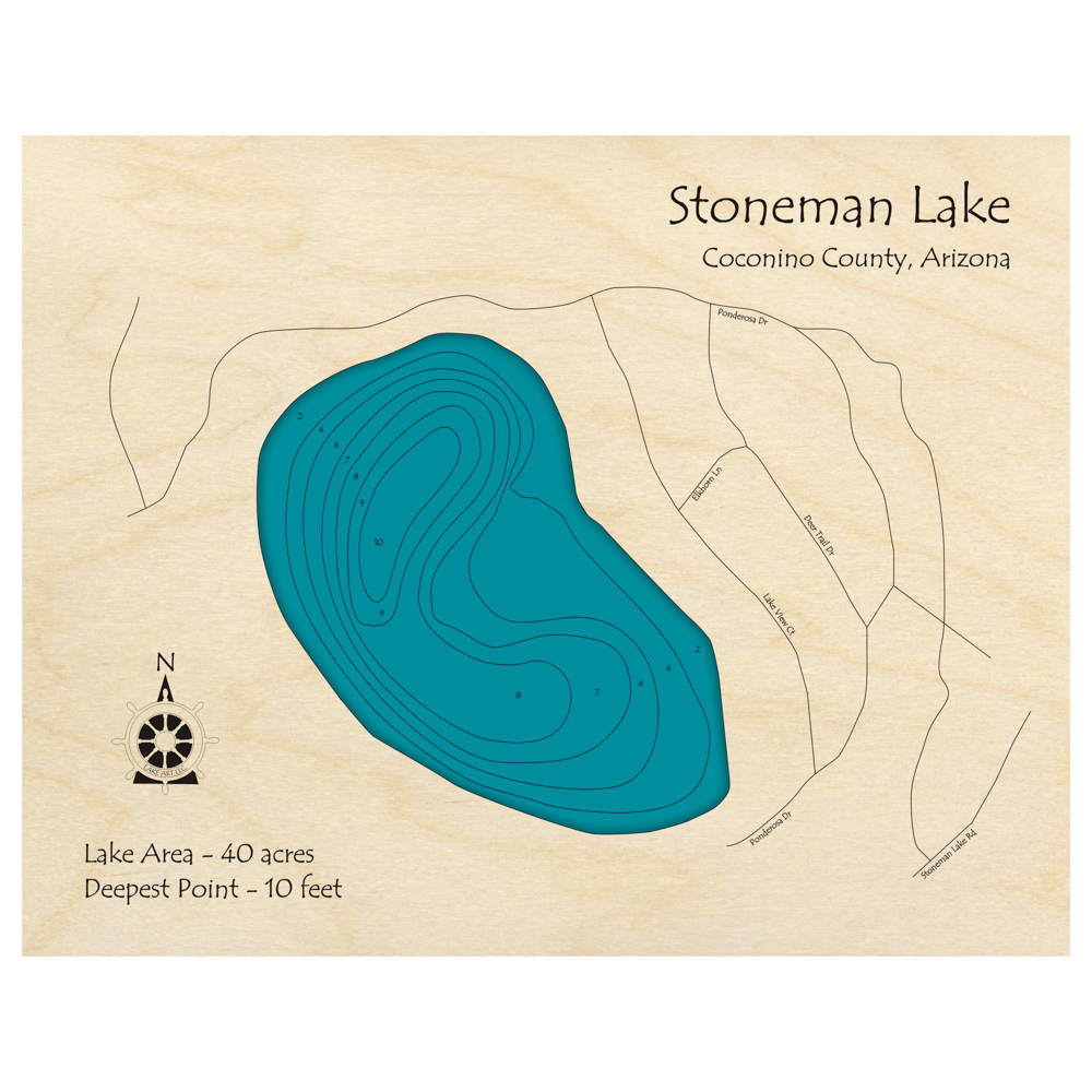 Bathymetric topo map of Stoneman Lake, AZ with roads, towns and depths noted in blue water.