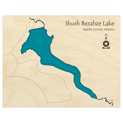 Bathymetric topo map of Shush Bezahze Lake, AZ with roads, towns and depths noted in blue water.