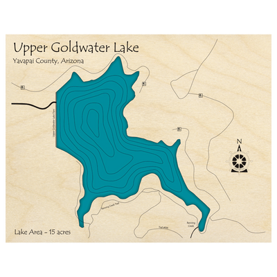 Bathymetric topo map of Upper Goldwater Lake, AZ with roads, towns and depths noted in blue water.