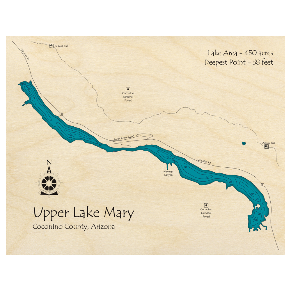Bathymetric topo map of Upper Lake Mary, AZ with roads, towns and depths noted in blue water.