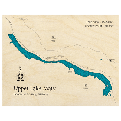 Bathymetric topo map of Upper Lake Mary, AZ with roads, towns and depths noted in blue water.