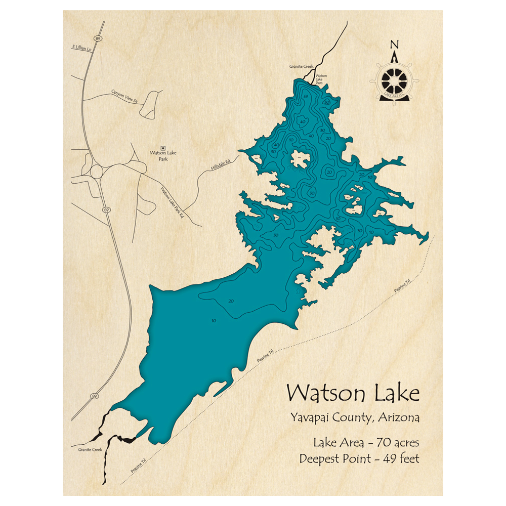 Bathymetric topo map of Watson Lake, AZ with roads, towns and depths noted in blue water.