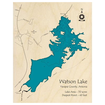 Bathymetric topo map of Watson Lake, AZ with roads, towns and depths noted in blue water.