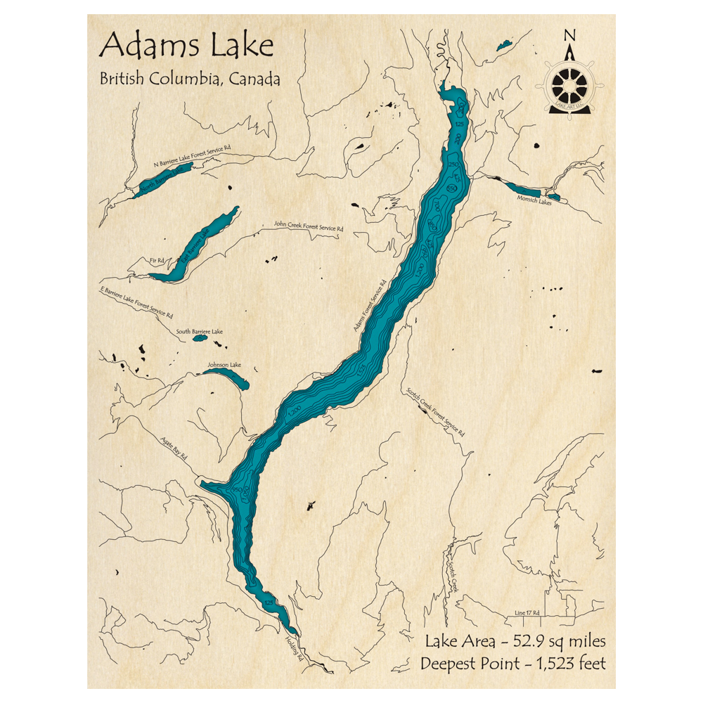 Adams Lake, British Columbia 3D Custom Wood Map Lake Art LLC