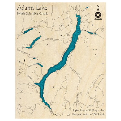Bathymetric topo map of Adams Lake, BC with roads, towns and depths noted in blue water.