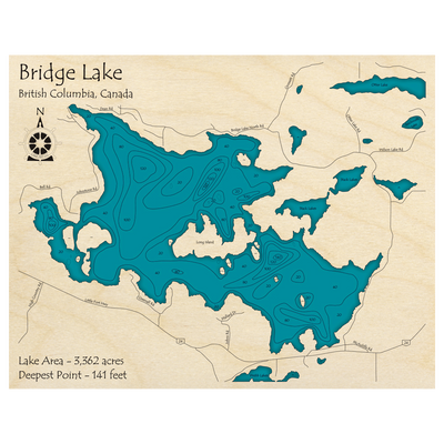 Bathymetric topo map of Bridge Lake, BC with roads, towns and depths noted in blue water.