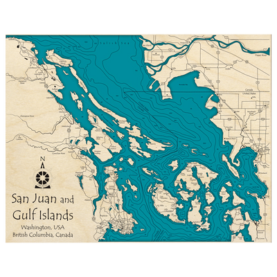Bathymetric topo map of San Juan and Gulf Islands (BC, WA) with roads, towns and depths noted in blue water.