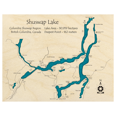Bathymetric topo map of Shuswap Lake, BC with roads, towns and depths noted in blue water.