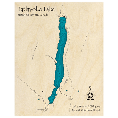 Bathymetric topo map of Tatlayoko Lake, BC with roads, towns and depths noted in blue water.