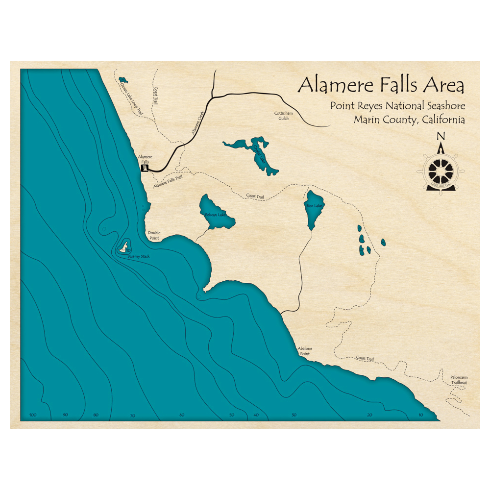 Bathymetric topo map of Alamere Falls Area, CA with roads, towns and depths noted in blue water.