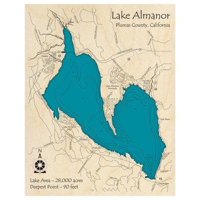 Bathymetric topo map of Lake Almanor, CA with roads, towns and depths noted in blue water.