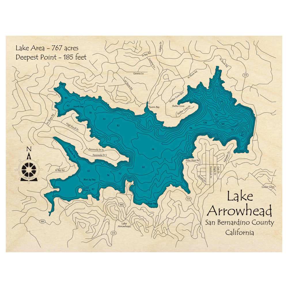 Bathymetric topo map of Lake Arrowhead, CA with roads, towns and depths noted in blue water.