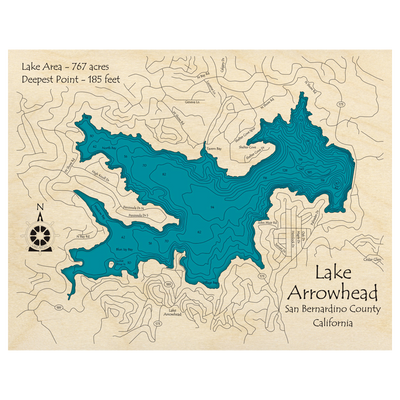 Bathymetric topo map of Lake Arrowhead, CA with roads, towns and depths noted in blue water.