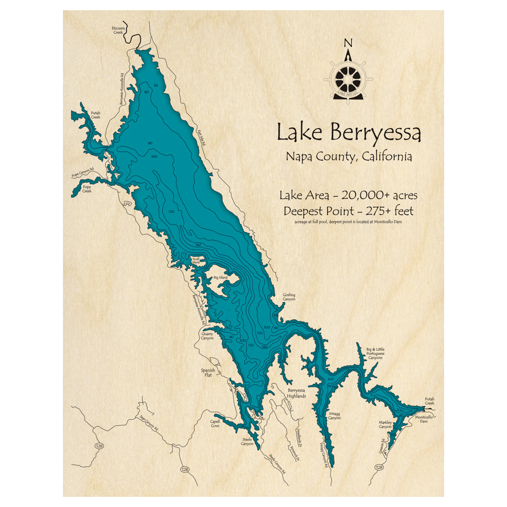 Bathymetric topo map of Lake Berryessa, CA with roads, towns and depths noted in blue water.