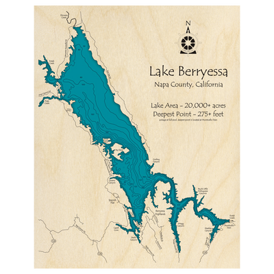 Bathymetric topo map of Lake Berryessa, CA with roads, towns and depths noted in blue water.