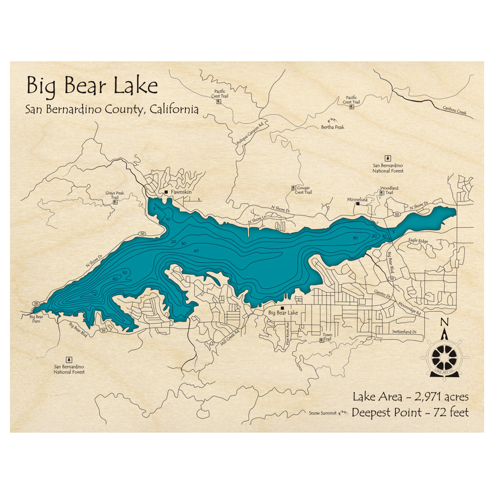 Bathymetric topo map of Big Bear Lake, CA with roads, towns and depths noted in blue water.