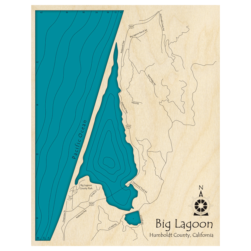 Bathymetric topo map of Big Lagoon, CA with roads, towns and depths noted in blue water.