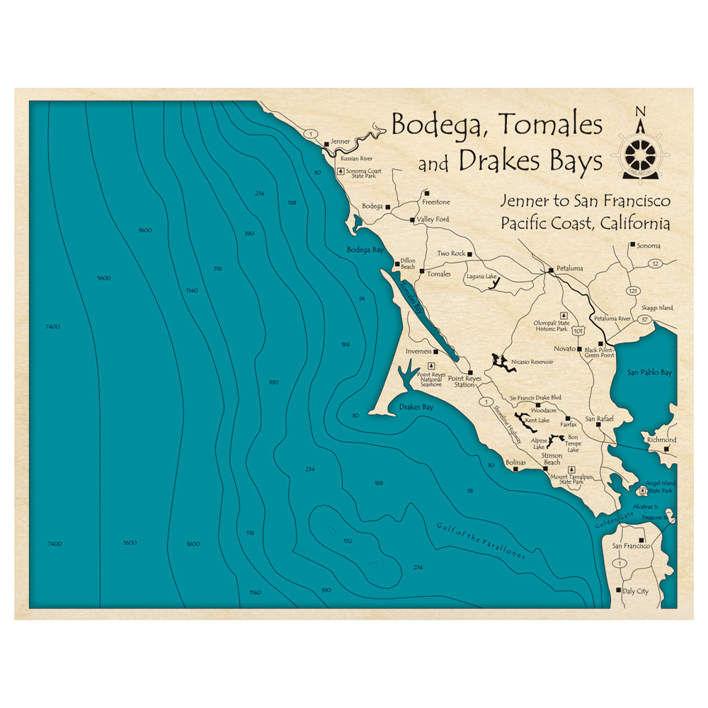 Bathymetric topo map of Bodega Tomales and Drakes Bays, CA with roads, towns and depths noted in blue water.