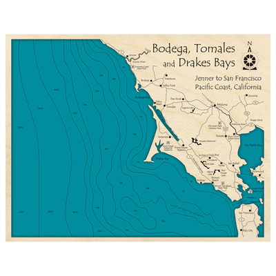 Bathymetric topo map of Bodega Tomales and Drakes Bays, CA with roads, towns and depths noted in blue water.