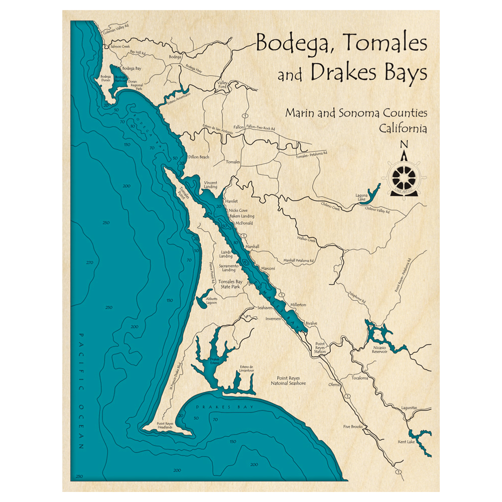 Bathymetric topo map of Bodega Tomales and Drakes Bays, CA with roads, towns and depths noted in blue water.